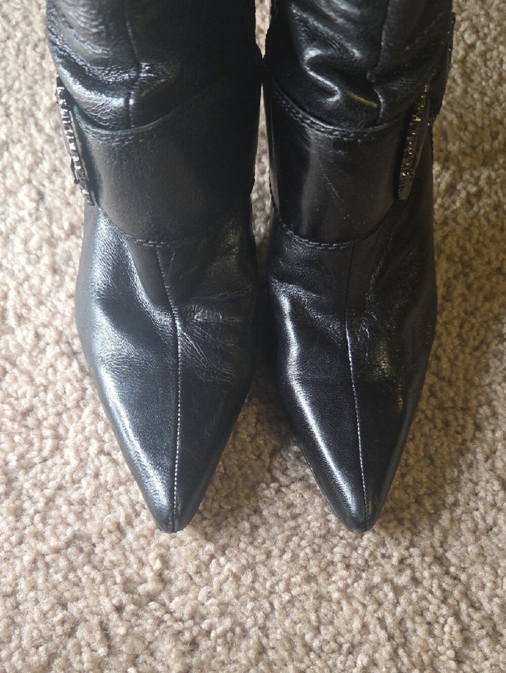 Nine West Black Leather Pointed-Toe Knee Boots with Buckle - Picture 5 of 8